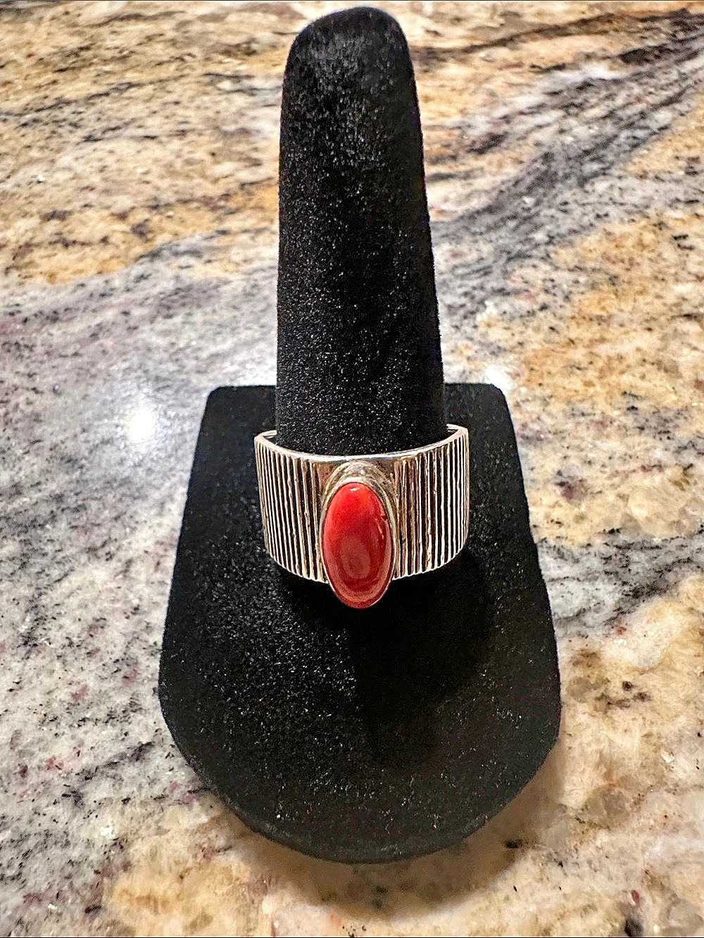 Elgin Tom Sterling Red Turquoise Coral Navajo Oval Textured Ring Size 7 1/2 925